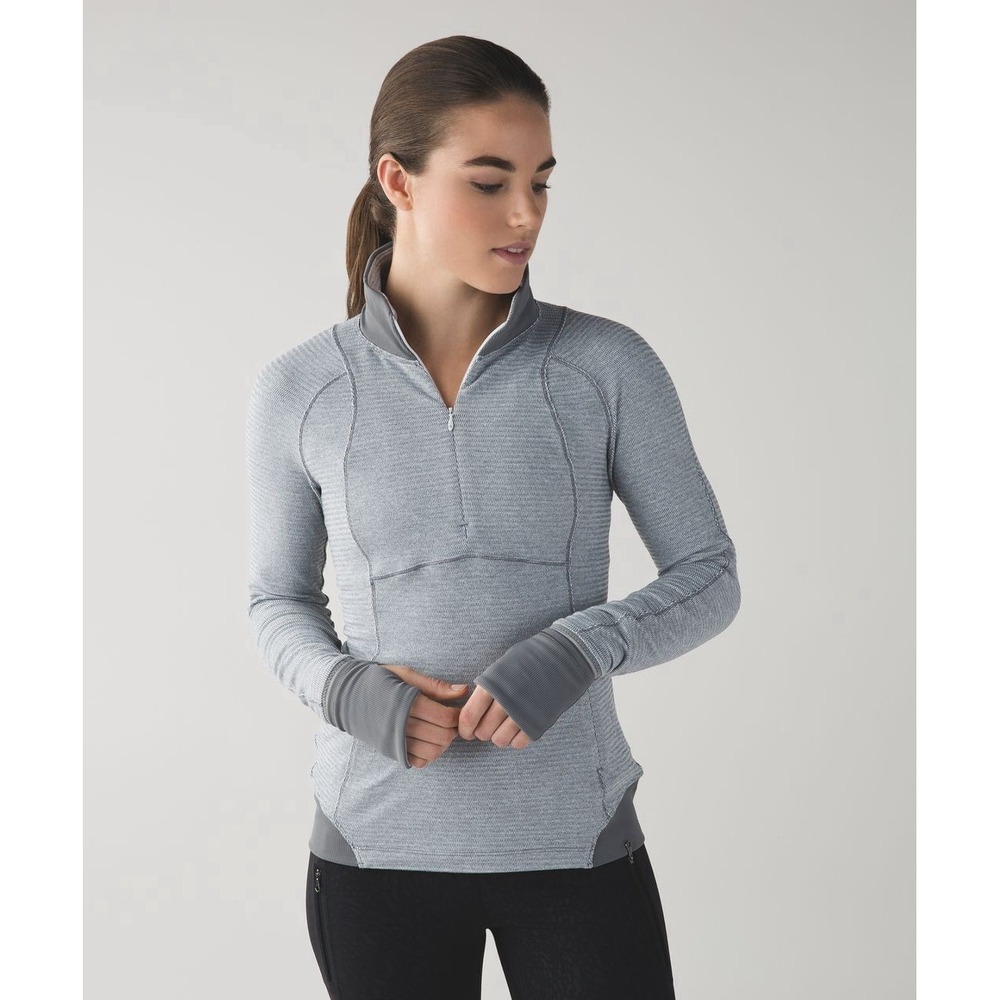 Lululemon Sz 8 Runderful 1/2 Zip Pullover Mini Check Pique White Heathered Slate